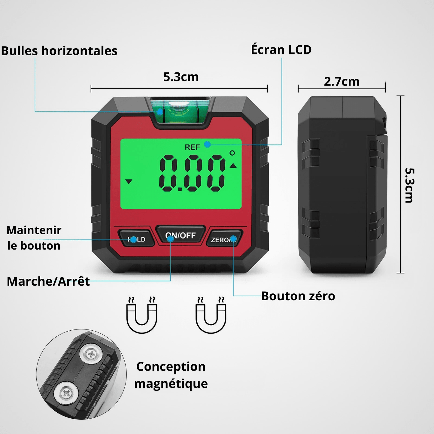 Inclinomètre numérique professionnel rouge - 5,3 x 5,3 x 2.7 cm - écran LCD rétroéclairé et base magnétique