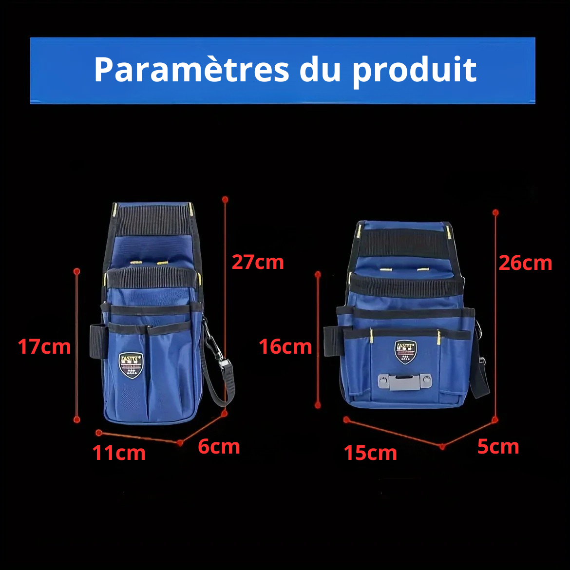 aramètres et dimensions sac à outils électricien professionnel - Petit modèle 27x11x6cm et Grand modèle 26x15x5cm