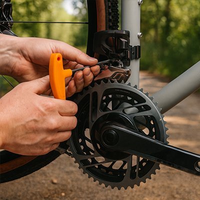 Réglage du dérailleur d'un vélo avec une clé allen ergonomique orange en extérieur