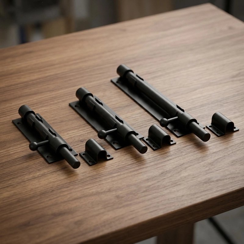 Loquet porte noir, trois modèles alignés sur table en bois