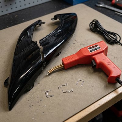 Pistolet à souder avec agrafes et pièce plastique noire fendue