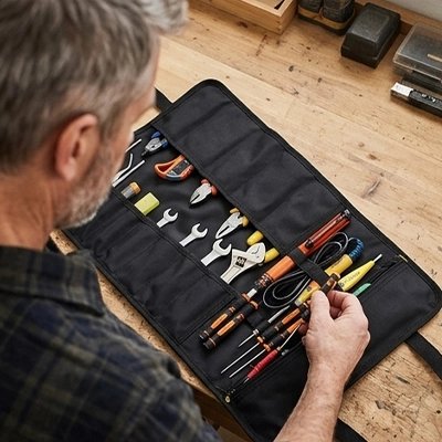 Sac à outils enroulable ouvert avec outils organisés