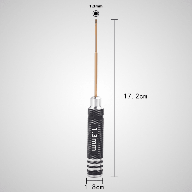 Tournevis hexagonal magnétique 1,3mm – embout acier doré, manche aluminium antidérapant, longueur 17,2cm, diamètre 1,8cm