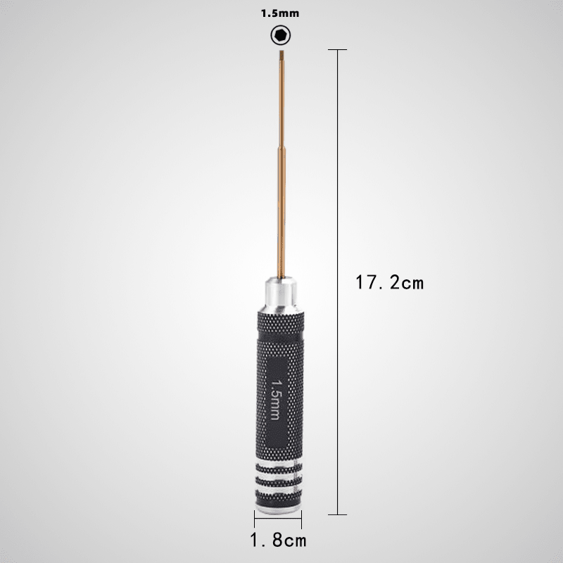 Tournevis hexagonal magnétique 1,5mm – embout acier doré, manche aluminium antidérapant, longueur 17,2cm, diamètre 1,8cm