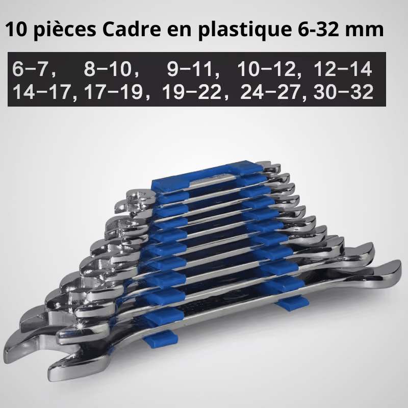 Jeu de 10 clés plates 6-32 mm avec cadre de rangement plastique