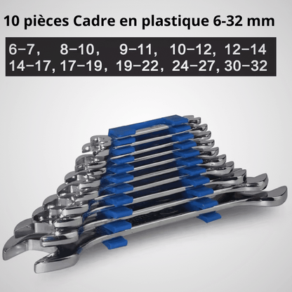 Jeu de 10 clés plates 6-32 mm avec cadre de rangement plastique