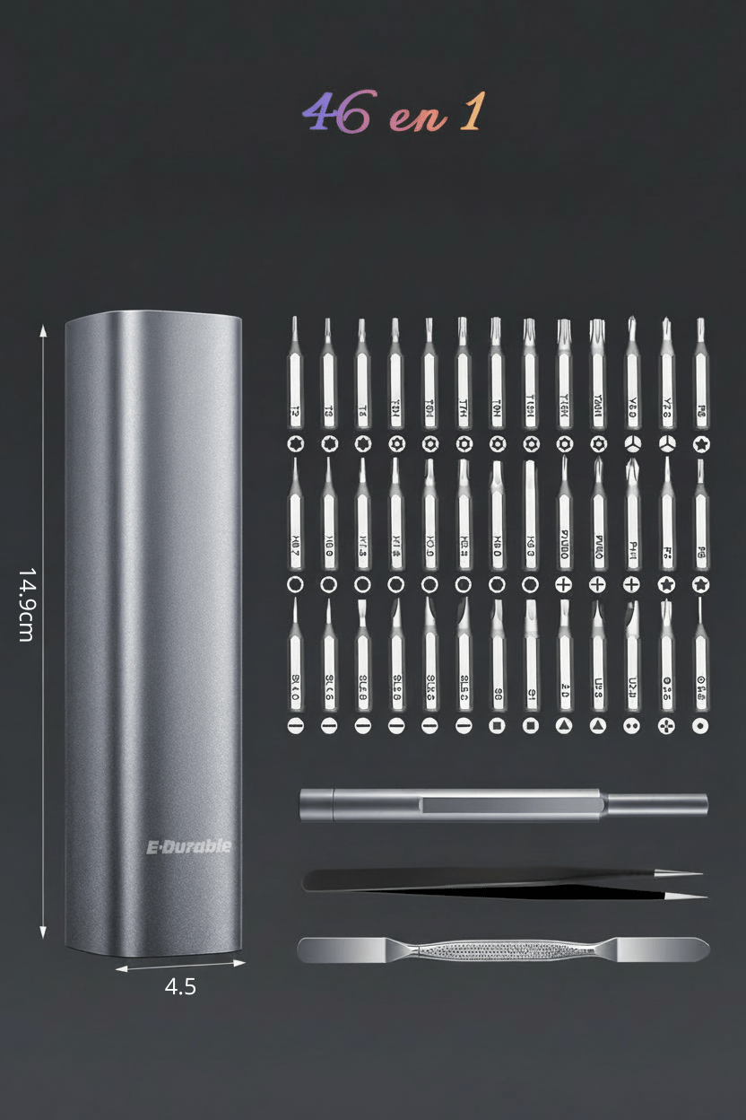 Ensemble complet tournevis magnétique 46 en 1 avec manche ergonomique antidérapant et embouts magnétiques professionnels
