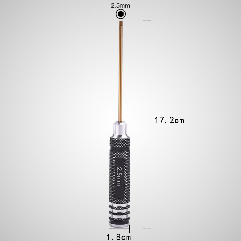 Tournevis hexagonal magnétique 2,5mm – embout acier doré, manche aluminium antidérapant, longueur 17,2cm, diamètre 1,8cm