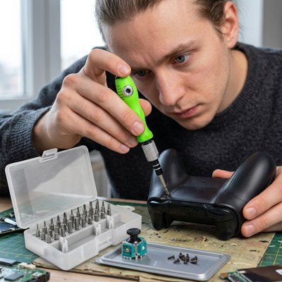 Homme utilisant un tournevis de précision 32 en 1 pour réparer une manette de jeu