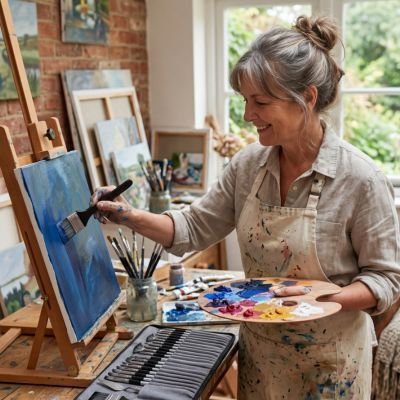 Artiste tenant des pinceaux professionnels devant son tableau en atelier
