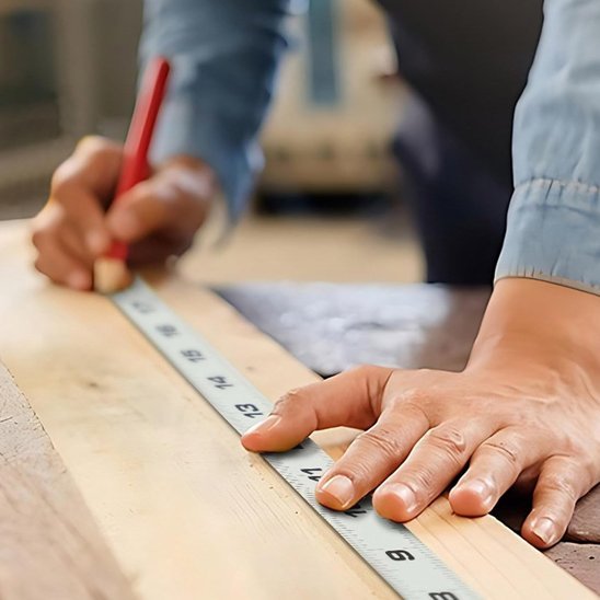 Mètre ruban rigide posé à plat sur une planche de bois pour mesure longue