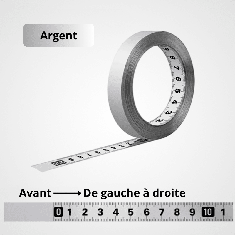 Mètre ruban auto-adhésif argent enroulé – sens Avant de gauche à droite