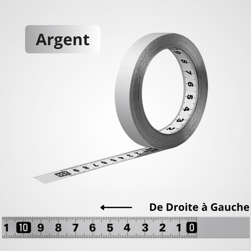 Mètre ruban auto-adhésif argent enroulé – sens Inverse de droite à gauche