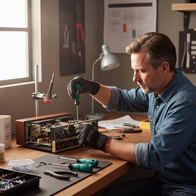 Bricoleur utilisant un tournevis cruciforme dans un atelier