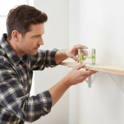 Bricoleur utilisant niveau à bulle magnétique pour installer étagère murale - mesure horizontale précise