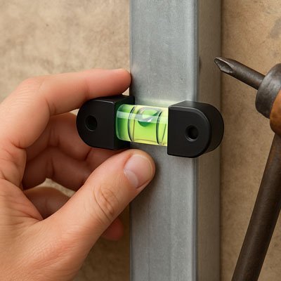 Main tenant niveau à bulle magnétique noir vert sur tuyau métallique - outil mesure portable fixation aimant

