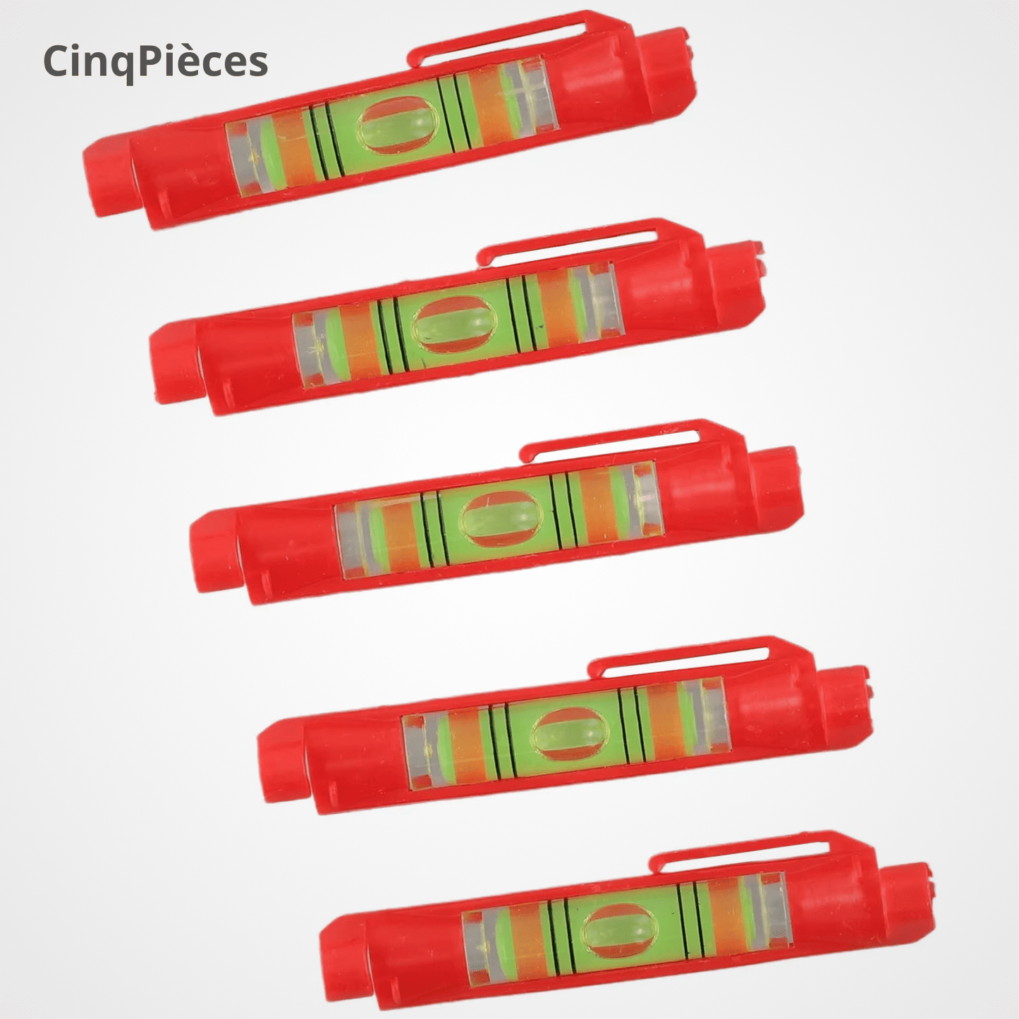 Lot de cinq niveaux à bulle rouges avec crochets de fixation - vue produit