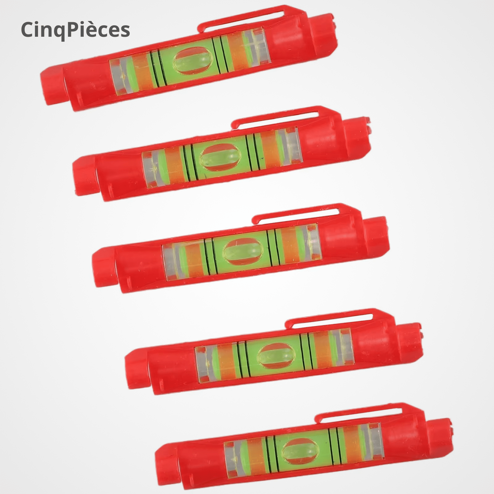 Lot de cinq niveaux à bulle rouges avec crochets de fixation - vue produit