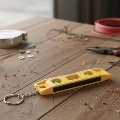 Mini niveau à bulle jaune porte-clés posé sur établi bois avec outils - niveau compact professionnel
