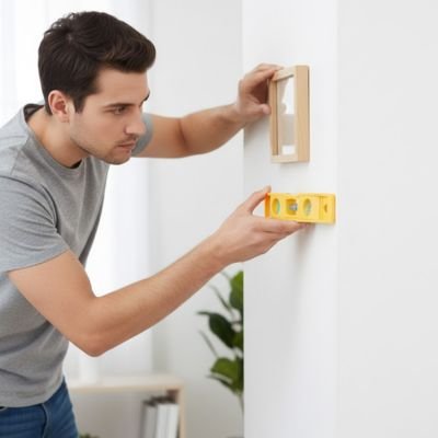 Homme utilisant niveau à bulle miniature jaune pour aligner cadre photo mural - mesure précision portable
