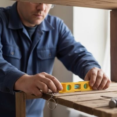 Artisan menuisier utilisant mini niveau à bulle porte-clés jaune sur planche bois - outil mesure compact
