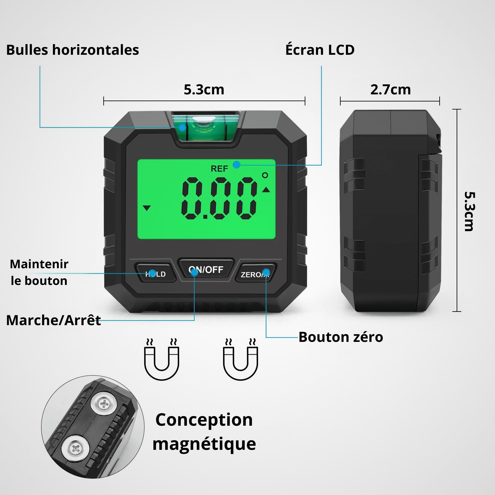 Inclinomètre numérique professionnel gris - 5,3 x 5,3 x 2,7 cm - écran LCD rétroéclairé et base magnétique