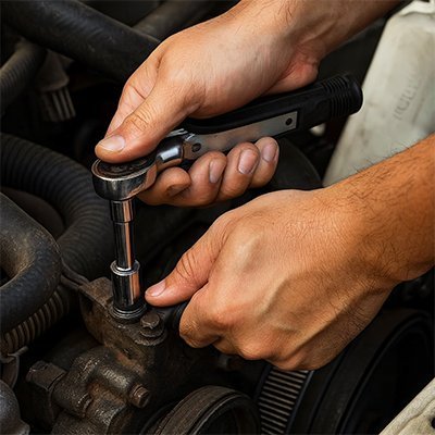 Clé à douille à cliquet avec manche ergonomique antidérapant en action sur moteur
