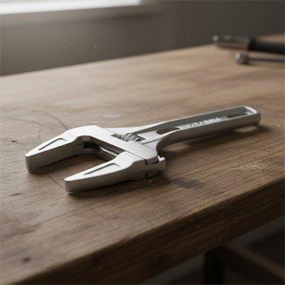 Clé à molette réglable posée sur un établi en bois