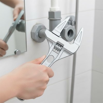 Clé à molette utilisée sur une tuyauterie de salle de bain