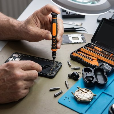 Démontage de smartphone avec tournevis de précision et coffret d'embouts
