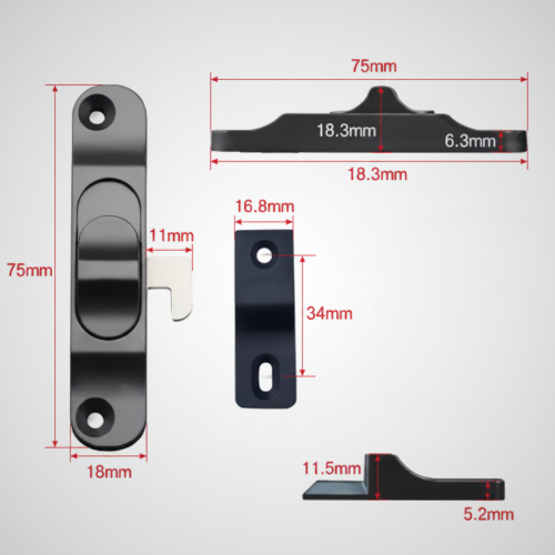 loquet pour porte dimensions 75mm noir avec gâche et verrou