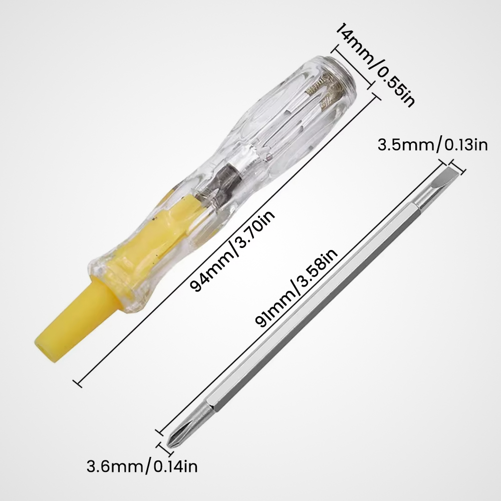 Dimensions du tournevis testeur : manche 94mm, lame 91mm, embout 3.5mm