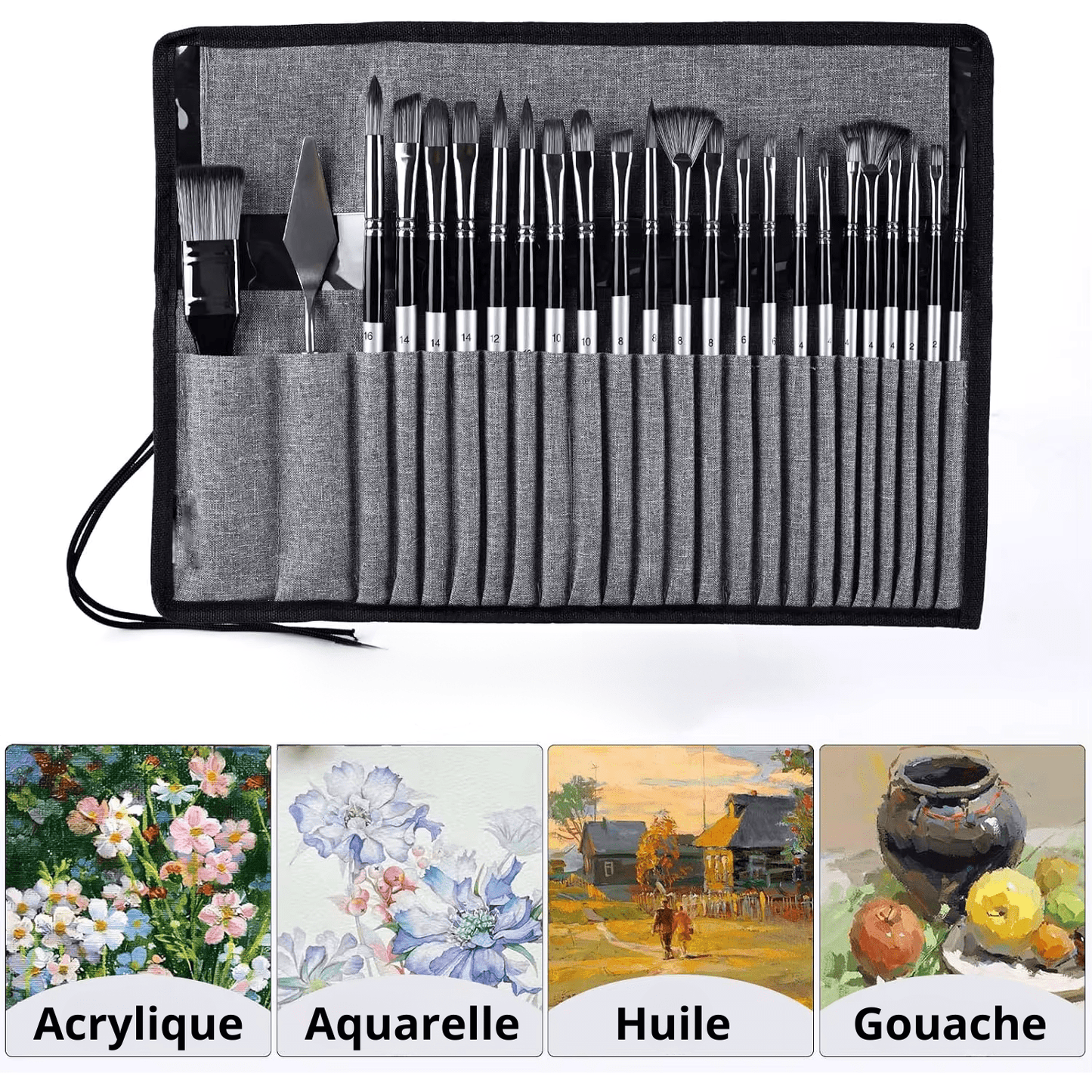 Ensemble de pinceaux artistiques professionnels avec étui tissu gris - manches noirs