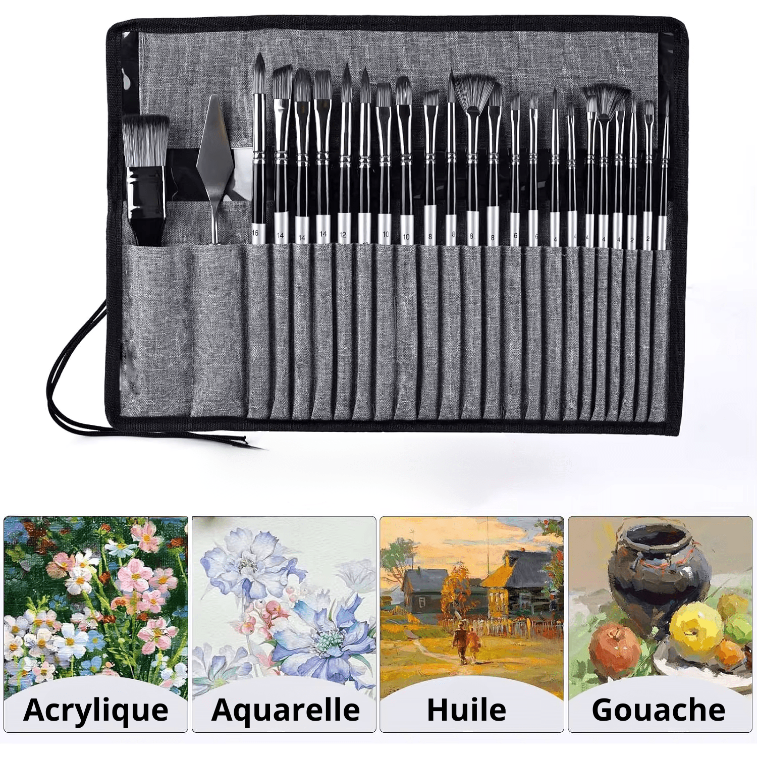 Ensemble de pinceaux artistiques professionnels avec étui tissu gris - manches noirs