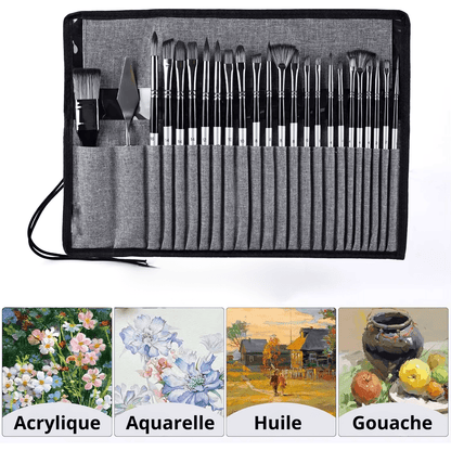 Ensemble de pinceaux artistiques professionnels avec étui tissu gris - manches noirs