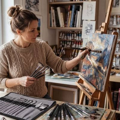 Femme peignant un tableau floral avec pinceaux professionnels en atelier
