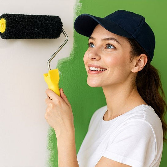 Femme souriante peignant un mur avec un rouleau peinture ergonomique à manchon noir