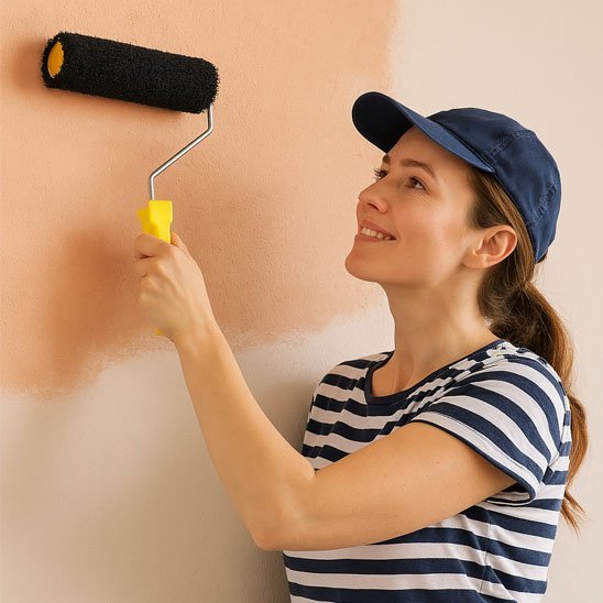 Femme souriante peignant un mur rose avec un rouleau peinture ergonomique à poignée jaune