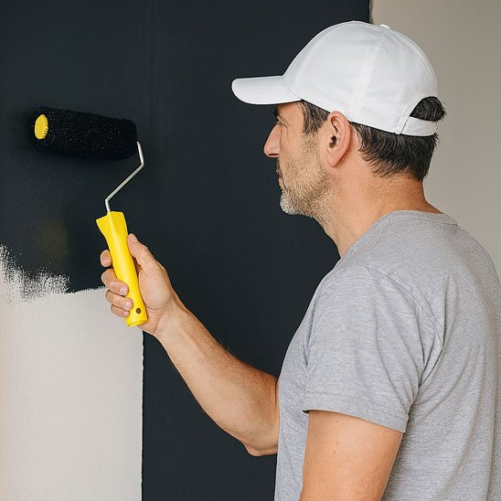 Homme appliquant de la peinture noire avec un rouleau peinture anti-traces sur mur blanc