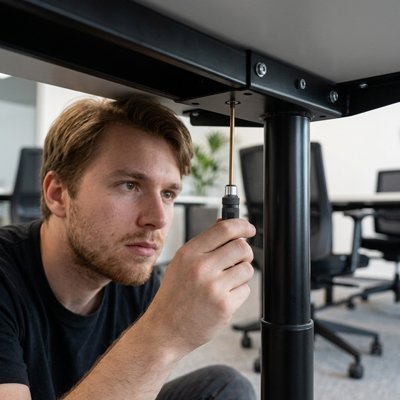 Homme assemblant un bureau avec un tournevis hexagonal sous le plateau