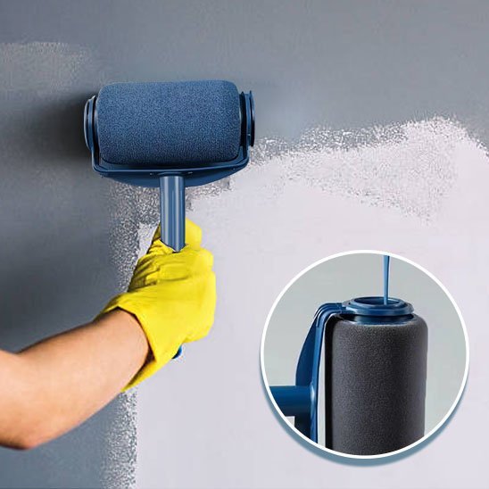 Homme avec gants jaunes appliquant de la peinture grise avec un rouleau à réservoir intégré