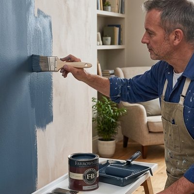 Homme peignant un mur bleu avec un pinceau professionnel à manche bois