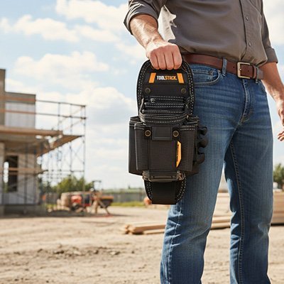 Homme tenant une porte-outils ceinture ProSecure sur un chantier de construction
