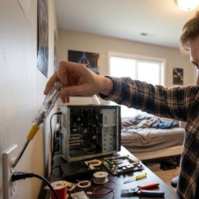 Homme testant une prise électrique avec un tournevis testeur LED allumée