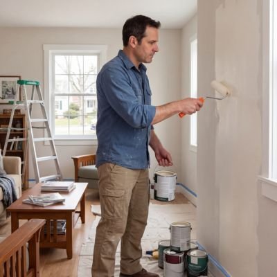 Homme utilisant un rouleau à peinture pour peindre un mur intérieur