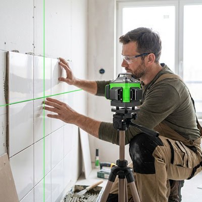 Homme utilisant le niveau laser pour carrelage): "Professionnel utilisant niveau laser vert pour pose carrelage mural - projection lignes horizontales verticales précises
