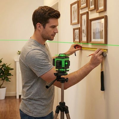 Homme mesurant avec niveau laser pour cadre): "Bricoleur utilisant niveau laser professionnel pour installer cadre mural - mesure alignement précis décoration