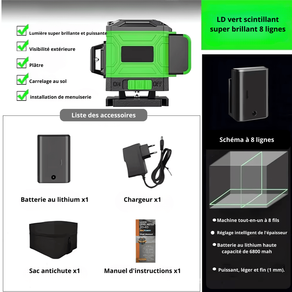 Niveau laser vert 8 lignes avec accessoires - batterie lithium, chargeur, sac antichute et manuel - projection 3D professionnelle
