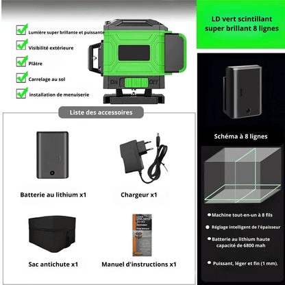 Niveau laser vert 8 lignes avec accessoires - batterie lithium, chargeur, sac antichute et manuel - projection 3D professionnelle
