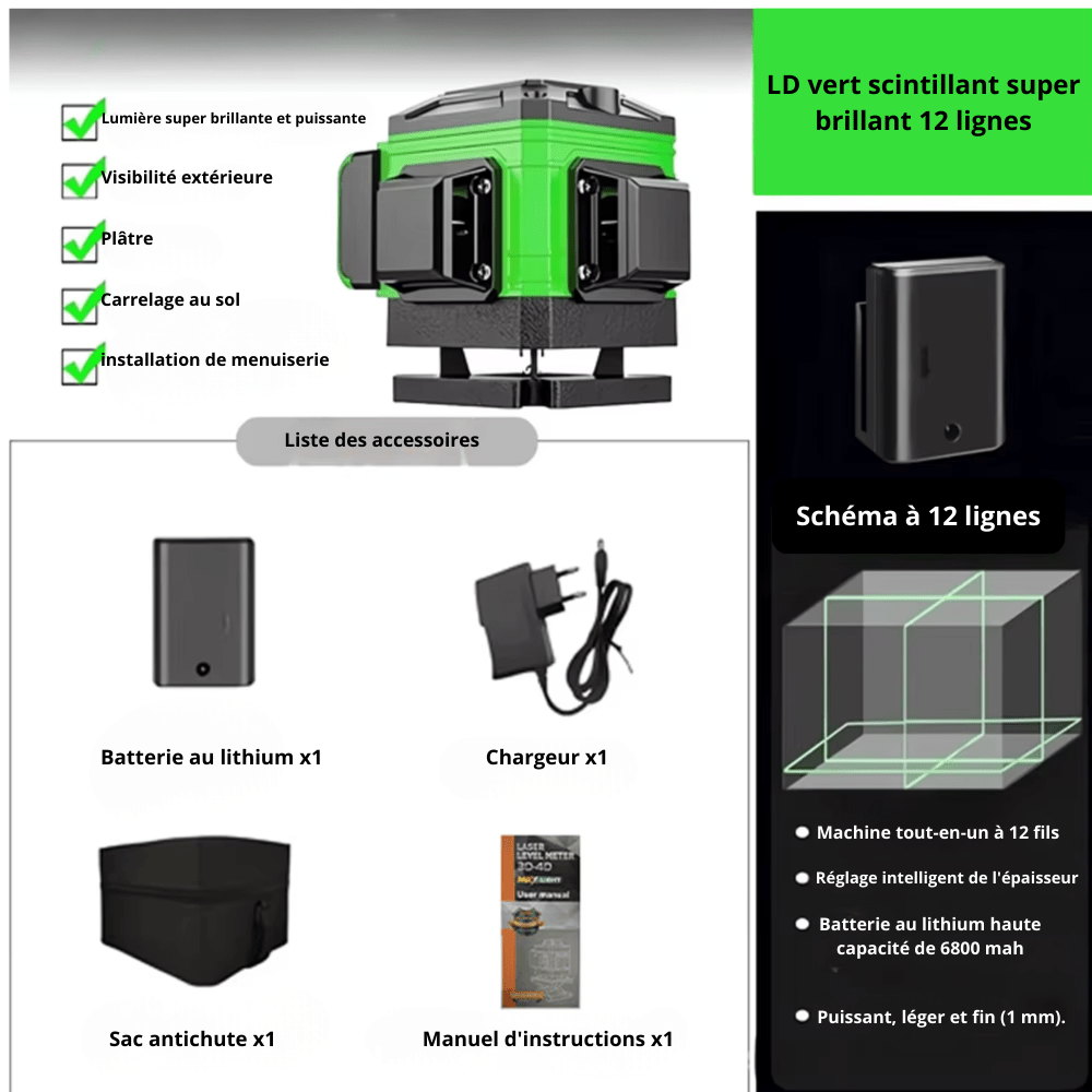 Niveau laser vert 12 lignes avec accessoires - batterie lithium 6800mAh, chargeur, sac antichute et manuel - projection 3D professionnelle
